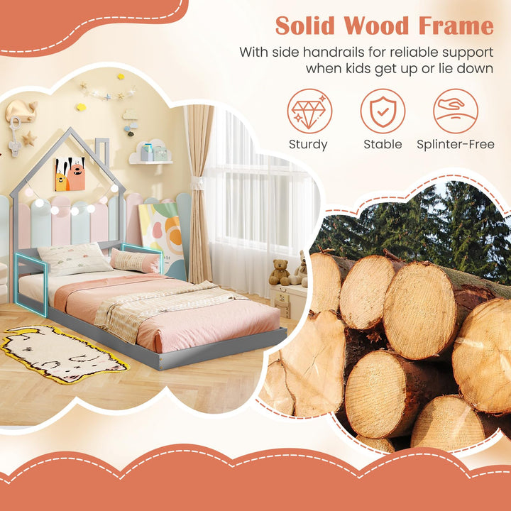 Giantex Twin Floor Bed for Kids, Wood Montessori Floor Bed with Chimney Headboard &amp; Handrail