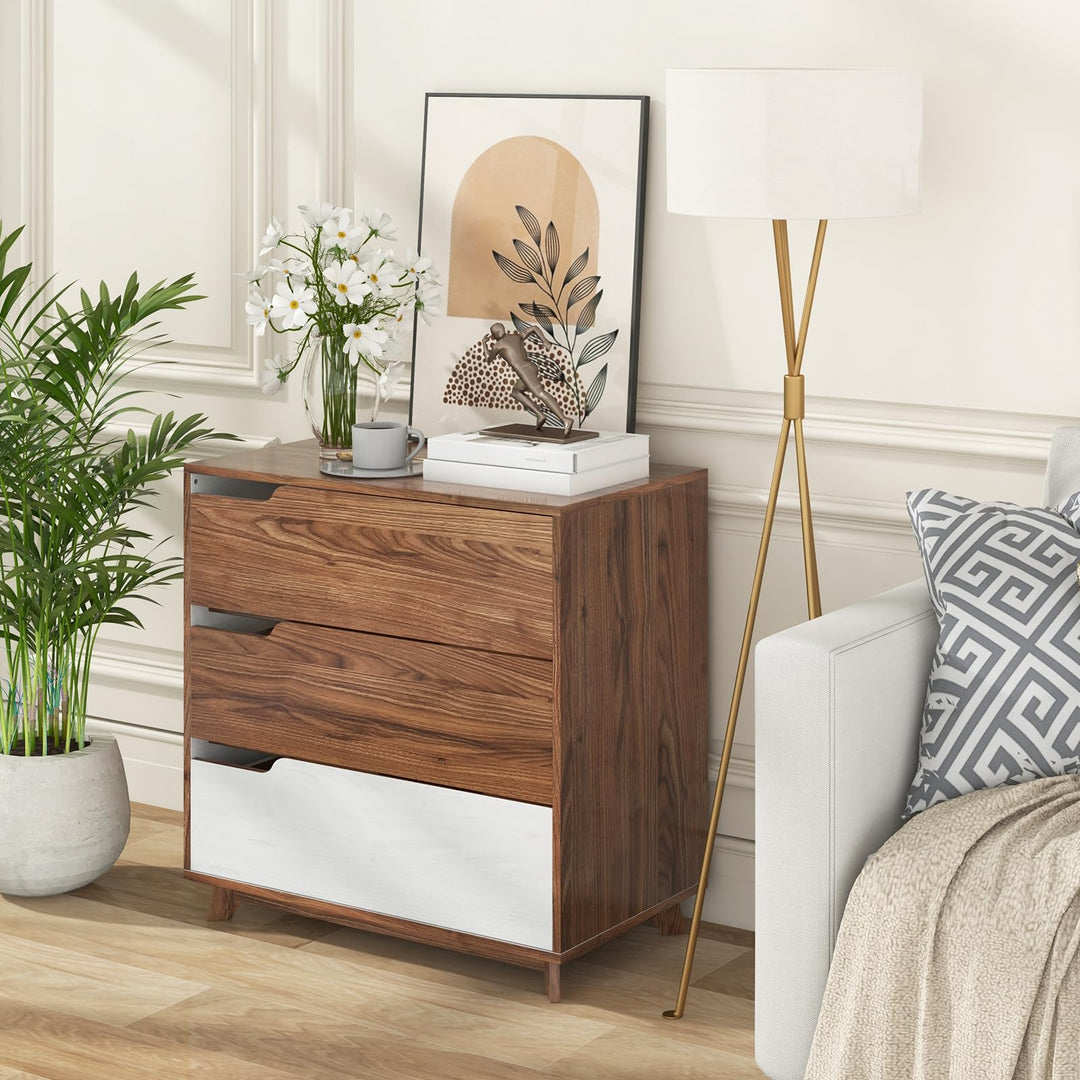 Giantex 3-Drawer Dresser for Bedroom - Small Chest of Drawers, Rustic Farmhouse Storage Cabinet, Walnut &amp; White