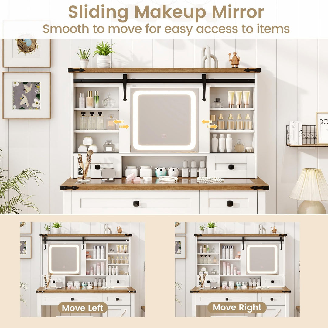 CHARMAID Farmhouse Vanity Desk with Barn-Style Sliding Mirror, Lights &amp; Stool (42" Wide,White &amp; Brown)