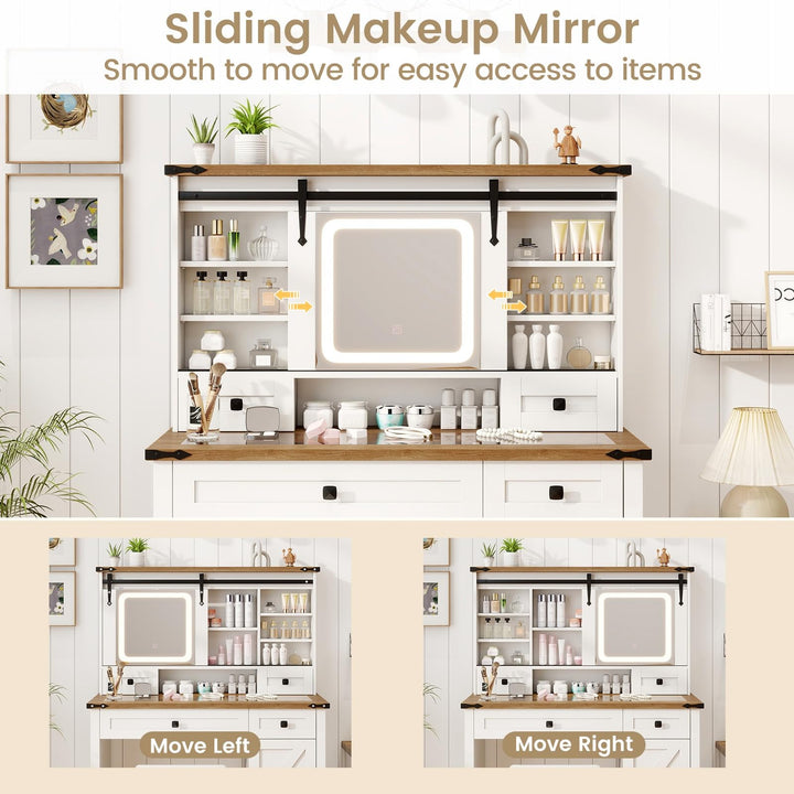 CHARMAID Farmhouse Vanity Desk with Barn-Style Sliding Mirror, Lights &amp; Stool (42" Wide,White &amp; Brown)