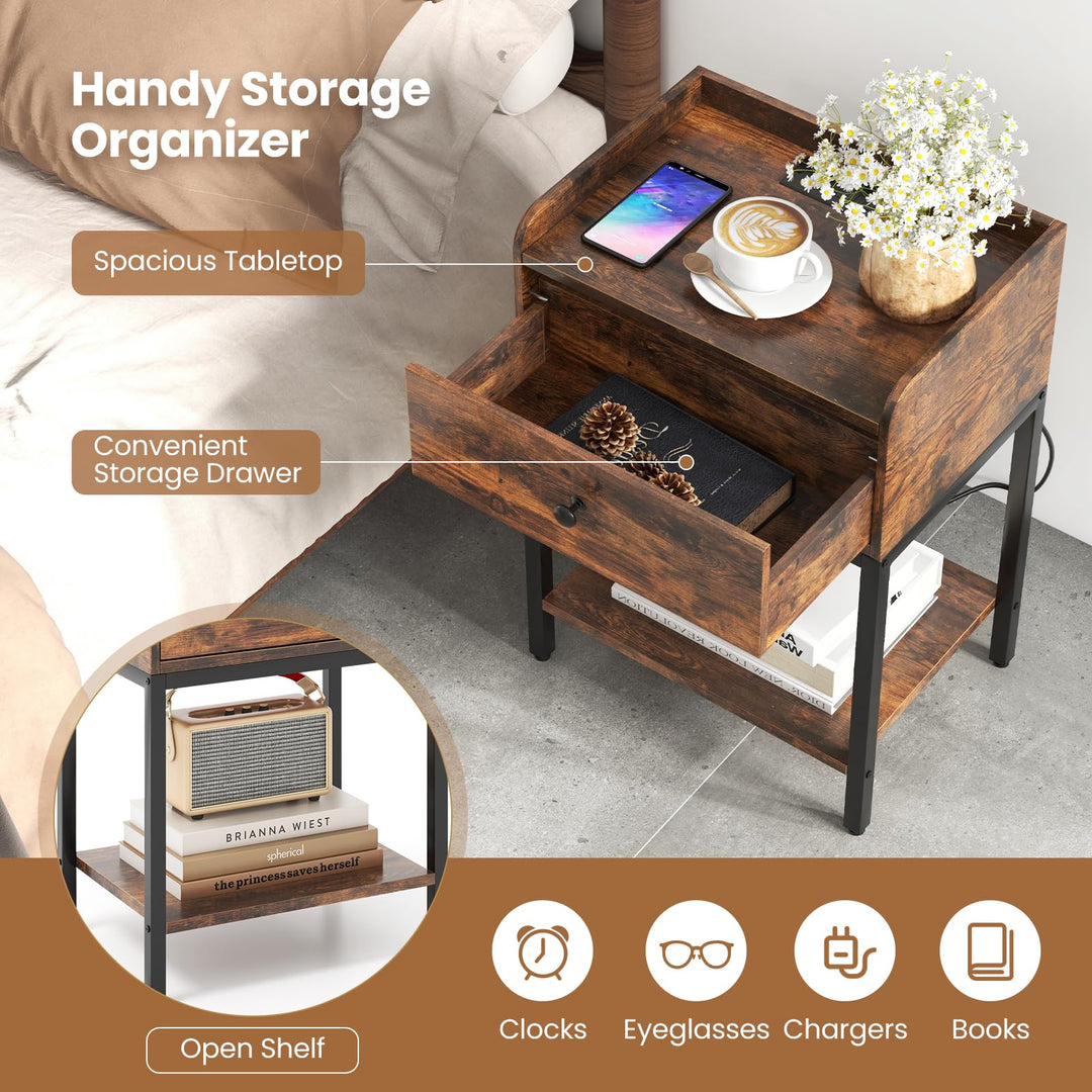 Giantex Nightstand with Charging Station, Industrial Bedside Table with Storage Drawer &amp; Open Shelf