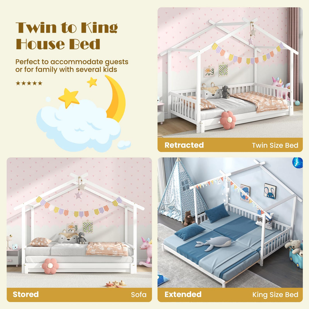 Giantex Extendable House Bed for Kids, Twin to King Daybed with Roof &amp; Fence Rails, Wood Kids Bed Frame for Teens