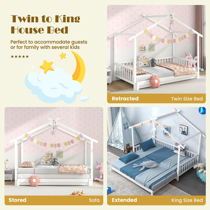 Giantex Extendable House Bed for Kids, Twin to King Daybed with Roof &amp; Fence Rails, Wood Kids Bed Frame for Teens