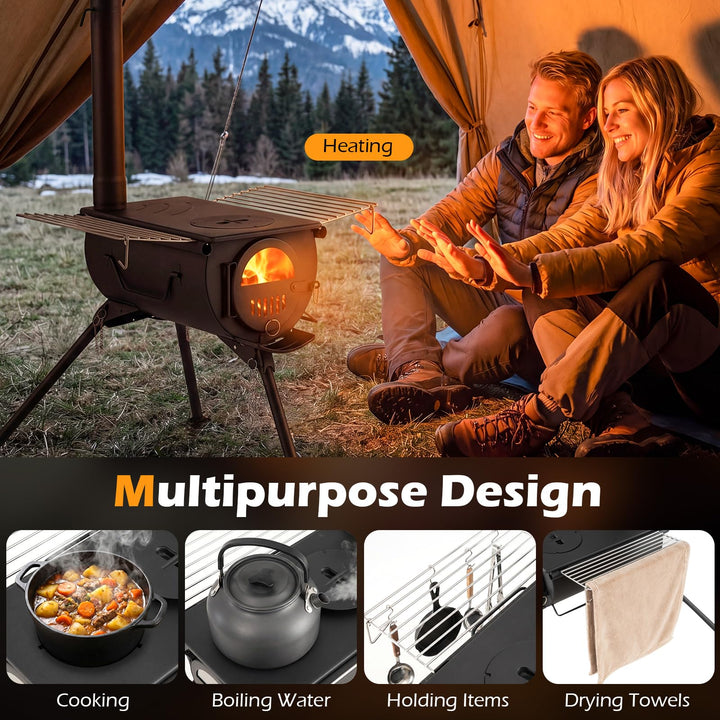 Giantex Hot Tent Stove Portable Wood Burning Stove w/ 5 Chimney Pipes