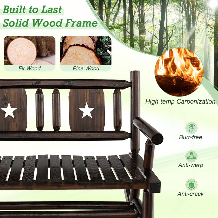 Giantex Outdoor Rocking Bench, Patio Loveseat Rocker for 2 w/Ergonomic Back &amp; Log Arms, Carbonized Fir Wood Frame