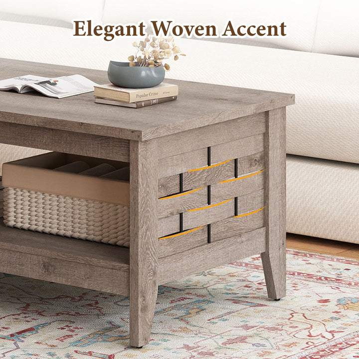 Giantex 2-Tier Farmhouse Coffee Table with Open Shelf and Woven Decorations for Living Room