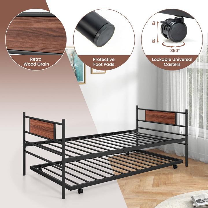 Giantex Metal Daybed with Trundle, Twin Size Day Bed with Wood Grain Headboard &amp; Metal Slat Support