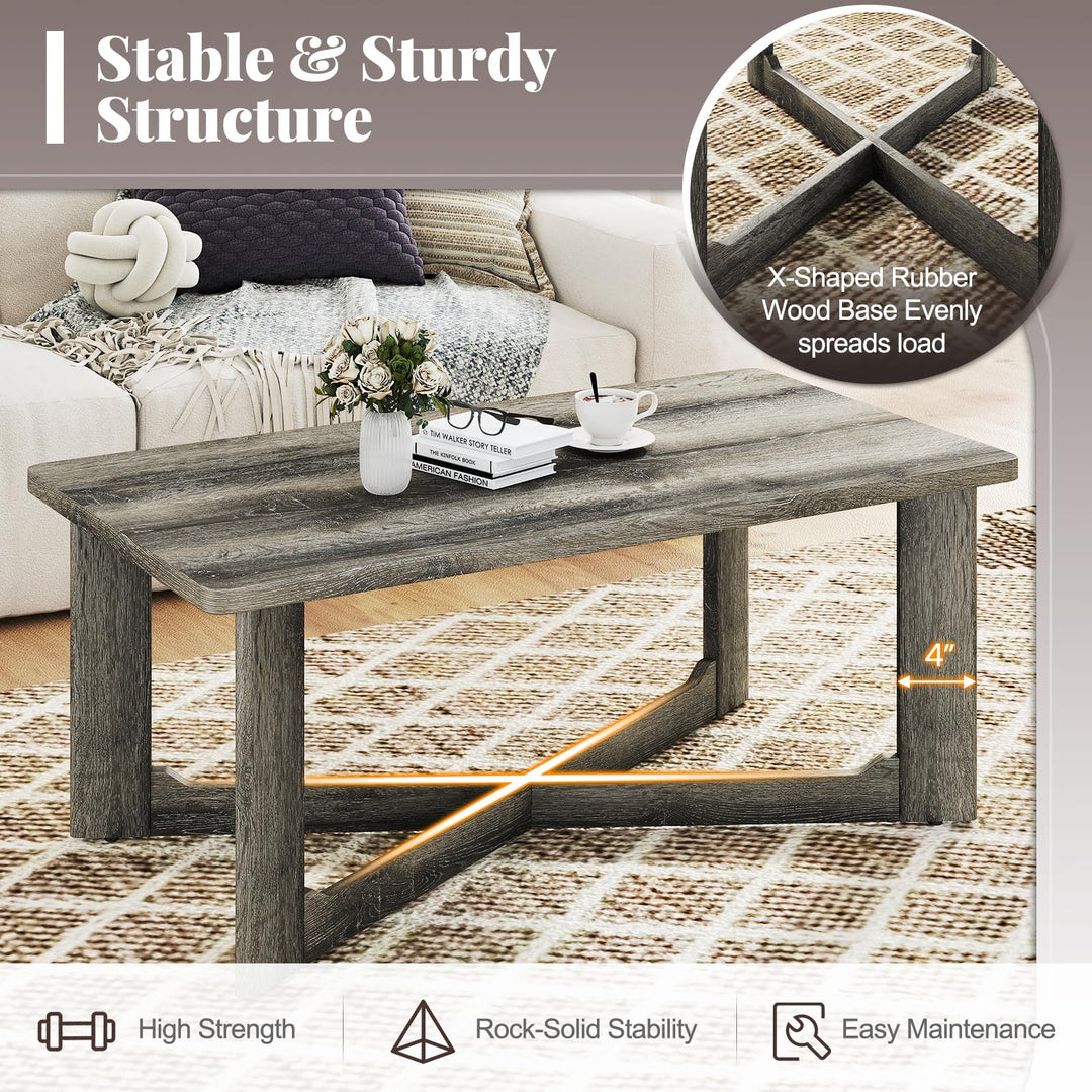 Giantex Farmhouse Wood Coffee Table Rectangle Center Table with X-Shaped Base &amp; Rubber Wood Frame
