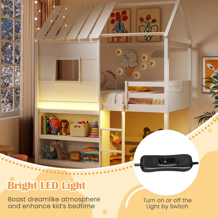 Giantex Twin Size Loft Bed with LED Lights Roof Window and Storage Bookshelf