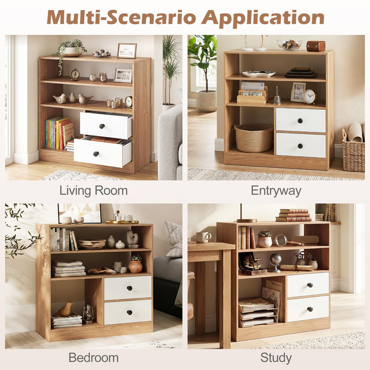 Giantex 4-Tier Freestanding Bookcase w/3 Open Compartments &amp; 2 Detachable Fabric Drawers