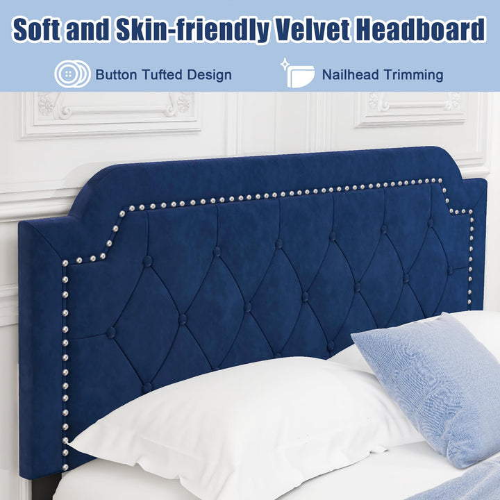 Giantex Velvet Queen Size Bed Frame, Upholstered Platform Bed with Button Tufted &amp; Nailhead Trim Headboard