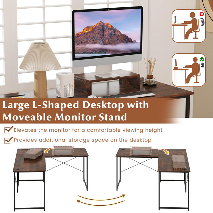 59 Inch Reversible Corner Desk with Power Outlet and USB Ports &amp; Monitor Stand