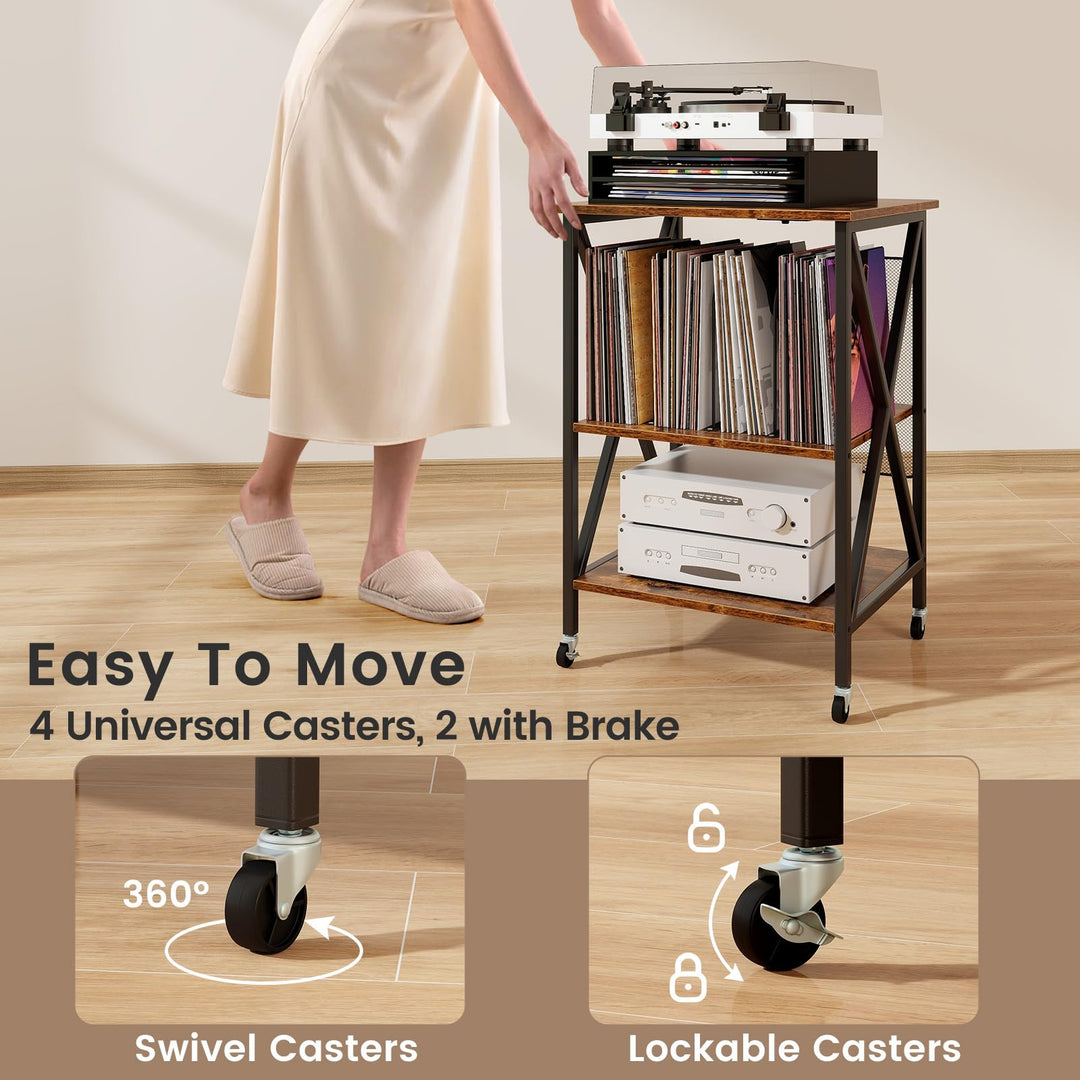Giantex Record Player Stand with Charging Station, Turntable Stand with Record Storage &amp; 4 Rolling Wheels