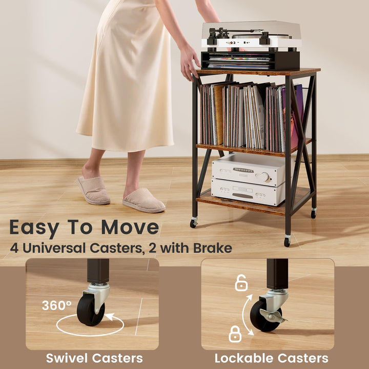 Giantex Record Player Stand with Charging Station, Turntable Stand with Record Storage &amp; 4 Rolling Wheels
