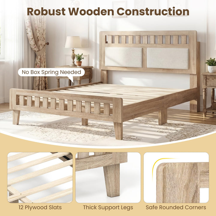 Giantex Mid-Century Wood Bed Frame with Upholstered Headboard (Full/Twin/Queen)