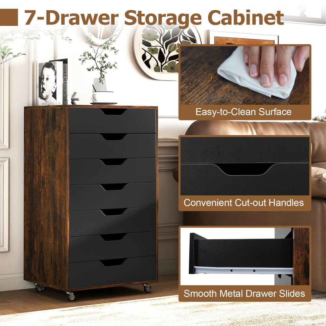 Giantex 7-Drawer Chest Wooden Storage Dresser with Lockable Wheels