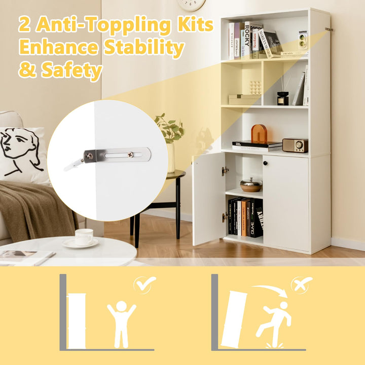 Giantex 3-Tier Bookcase with Doors, 61" Tall Bookshelf with 4 Open Cubes &amp; Adjustable Shelf, White