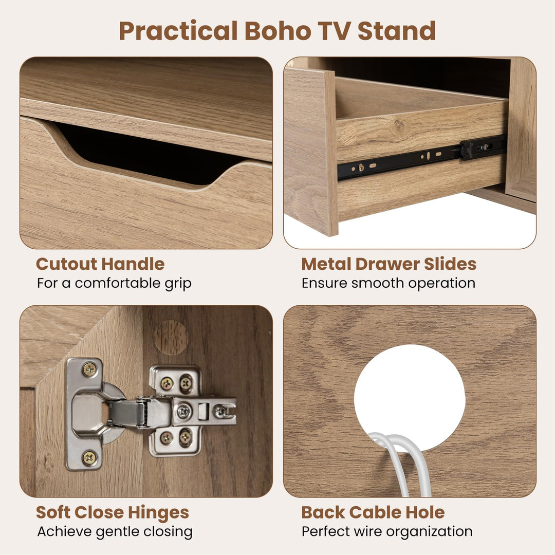 Giantex Boho TV Stand for 50-60 Inch TV with Storage Cabinets Drawer &amp; PE Rattan Doors