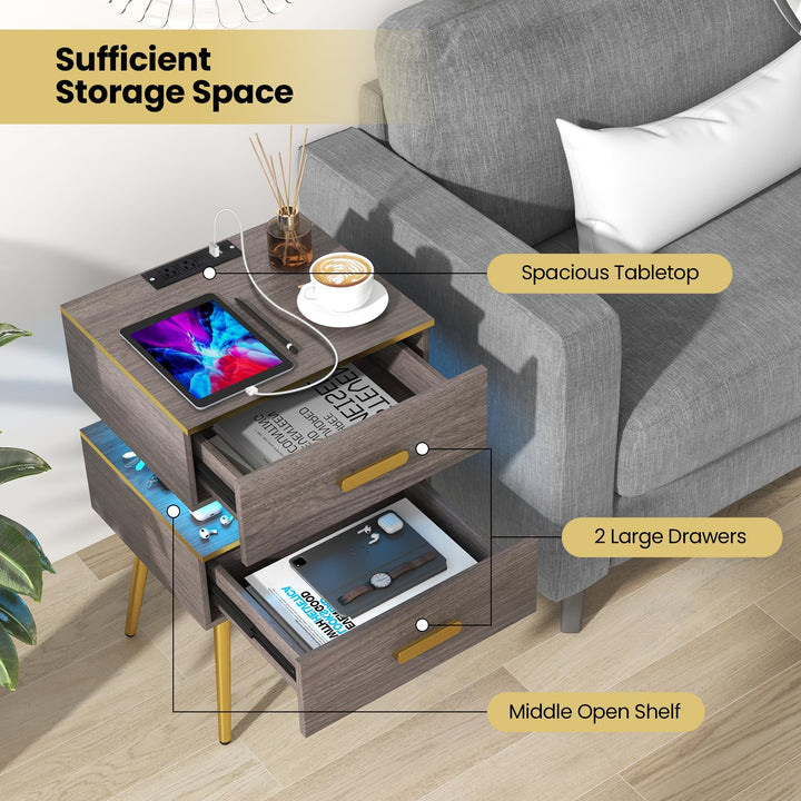 Giantex Nightstand with Charging Station &amp; LED Lights, 28.5" Bedside Table with 2 Drawers