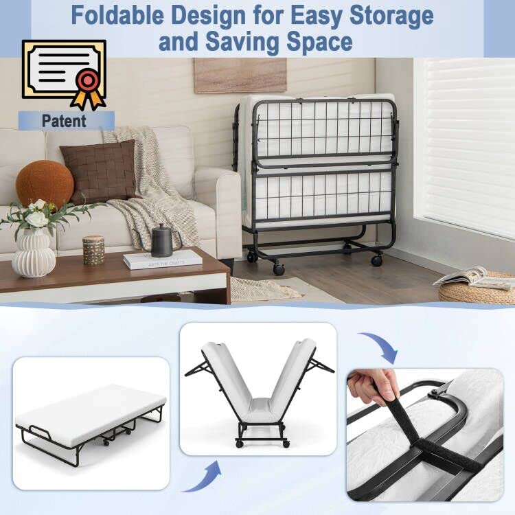 Giantex Folding Bed with Mattress for Adults, Twin Size Rollaway Beds for Guest, 75"x 38"
