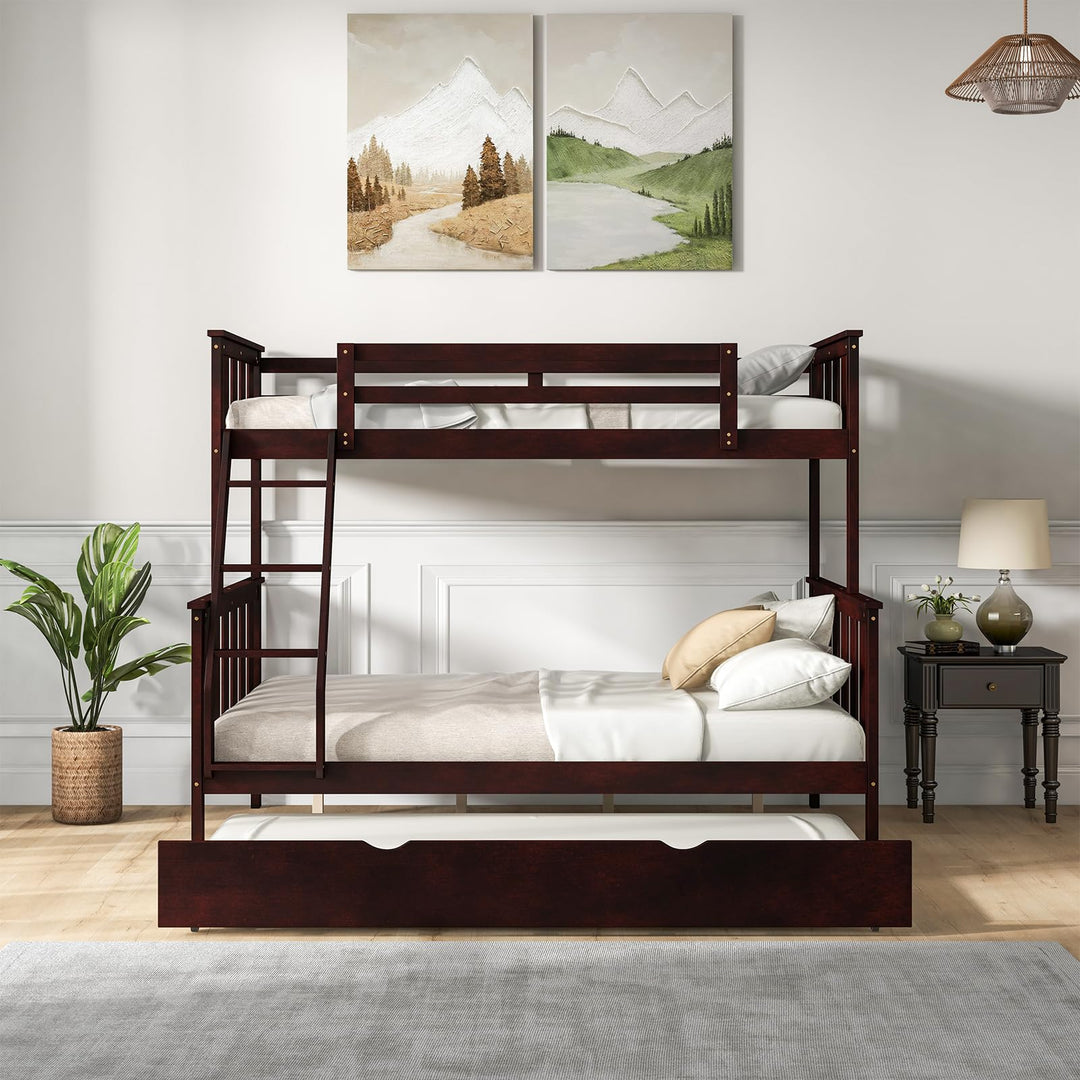 Giantex Twin Over Full Bunk Bed with Trundle, Reversible Ladder &amp; Safety Guardrails