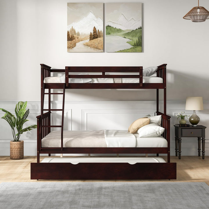 Giantex Twin Over Full Bunk Bed with Trundle, Reversible Ladder &amp; Safety Guardrails