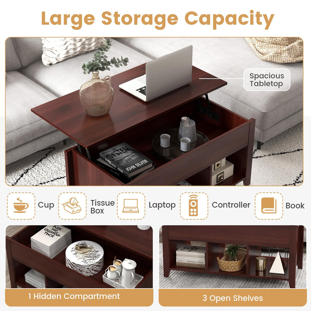 Giantex Lift Top Coffee Table - Rectangular Wooden Table w/Hidden Compartment &amp; Open Storage Shelves