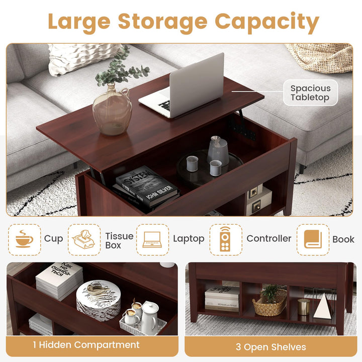 Giantex Lift Top Coffee Table - Rectangular Wooden Table w/Hidden Compartment &amp; Open Storage Shelves