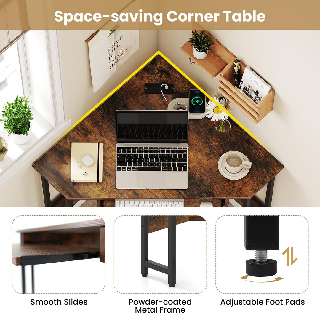 Giantex Small Corner Desk with Charging Station with Keyboard Tray &amp; Storage Shelf