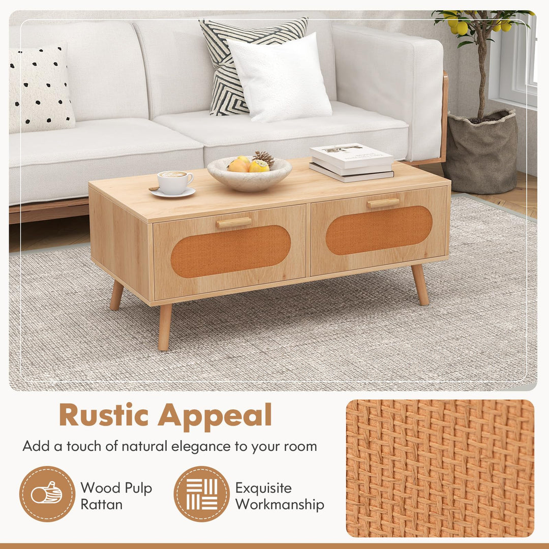 Giantex Rattan Coffee Table, Mid Century Modern Center Table with 2 Storage Drawers &amp; Back Compartment