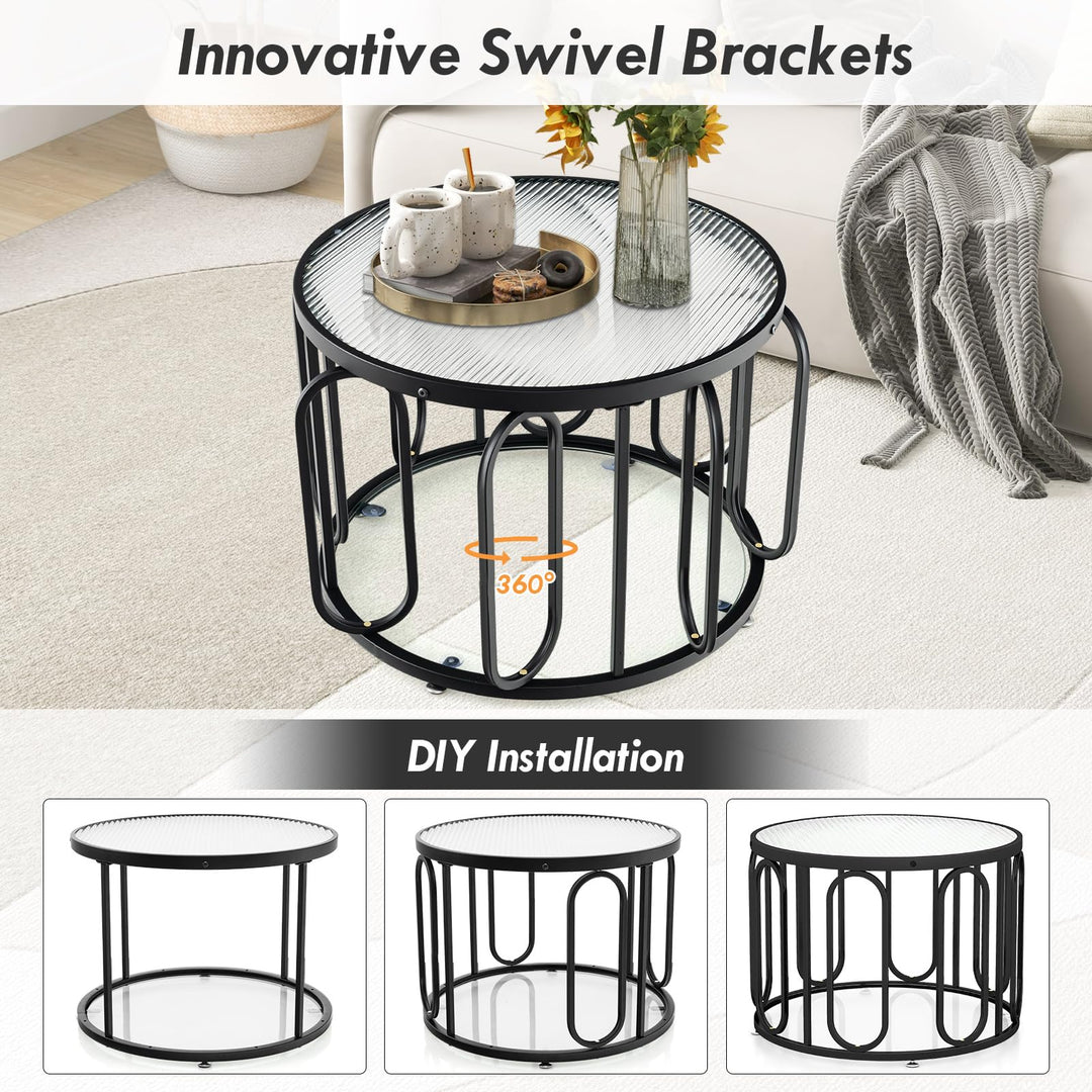 Giantex Small Round Glass Coffee Table, 24" Accent Side Sofa Tea Table with Tempered Glass Top &amp; Oval Swivel Brackets