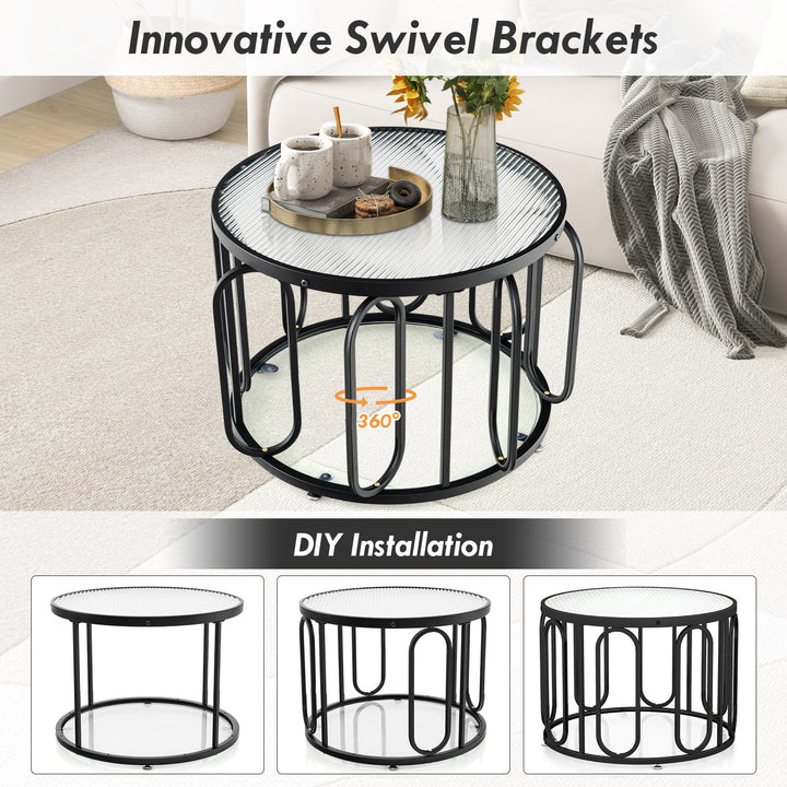 Giantex Small Round Glass Coffee Table, 24" Accent Side Sofa Tea Table with Tempered Glass Top &amp; Oval Swivel Brackets