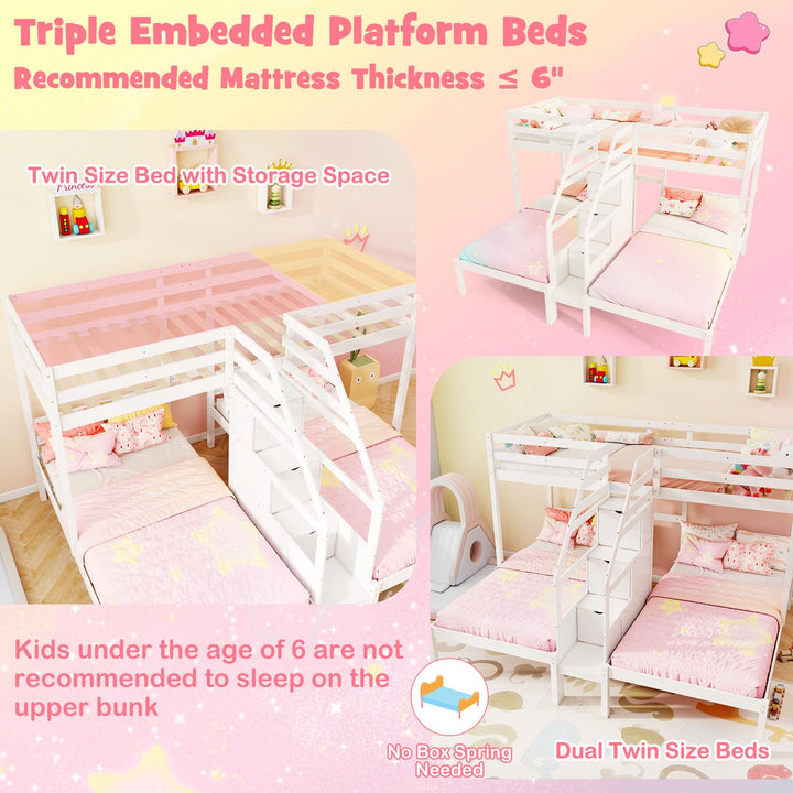 Giantex Twin Over Twin &amp; Twin Bunk Bed, Triple Bunk Beds with 4-Step Storage Stair, Wooden 3 Bunk Beds for Kids Teens