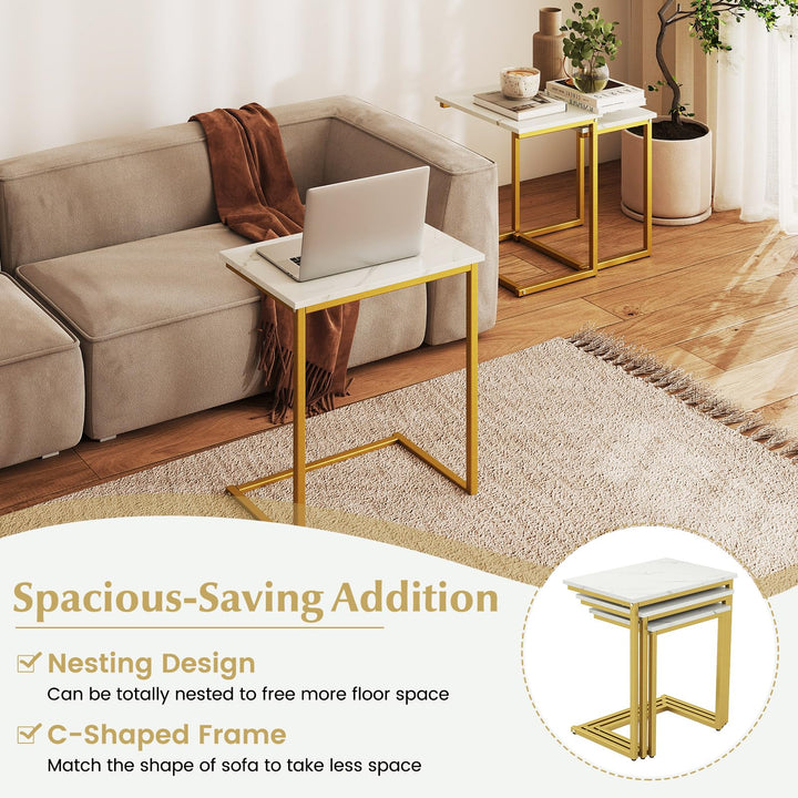 Giantex Nesting Coffee Table Set of 3 Stackable Square End Table w/Faux Marble Tabletop &amp; Heavy-Duty Metal Frame