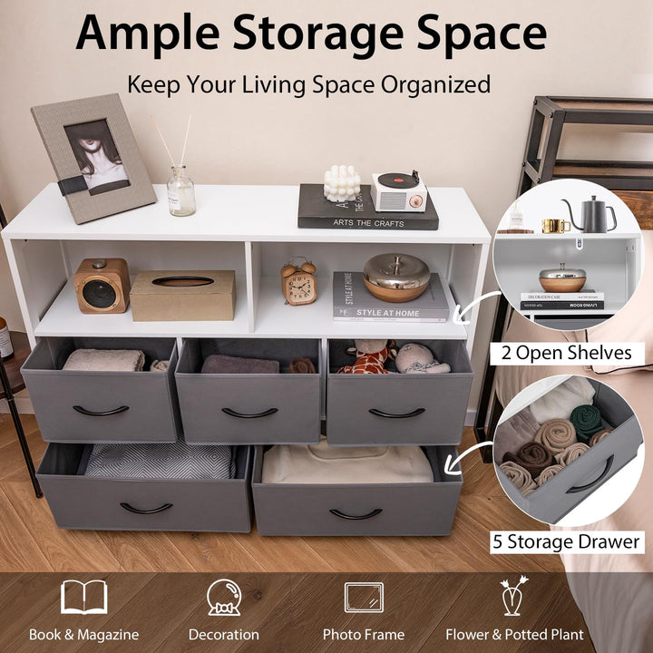 Giantex Storage Cabinet with 5 Drawers &amp; 2 Cube Shelves, Chest of Drawers, Console Table, White &amp; Grey