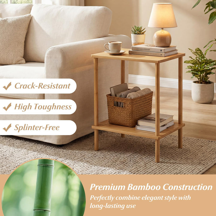 Giantex Bamboo Side Table Set of 2 w/Storage Shelves