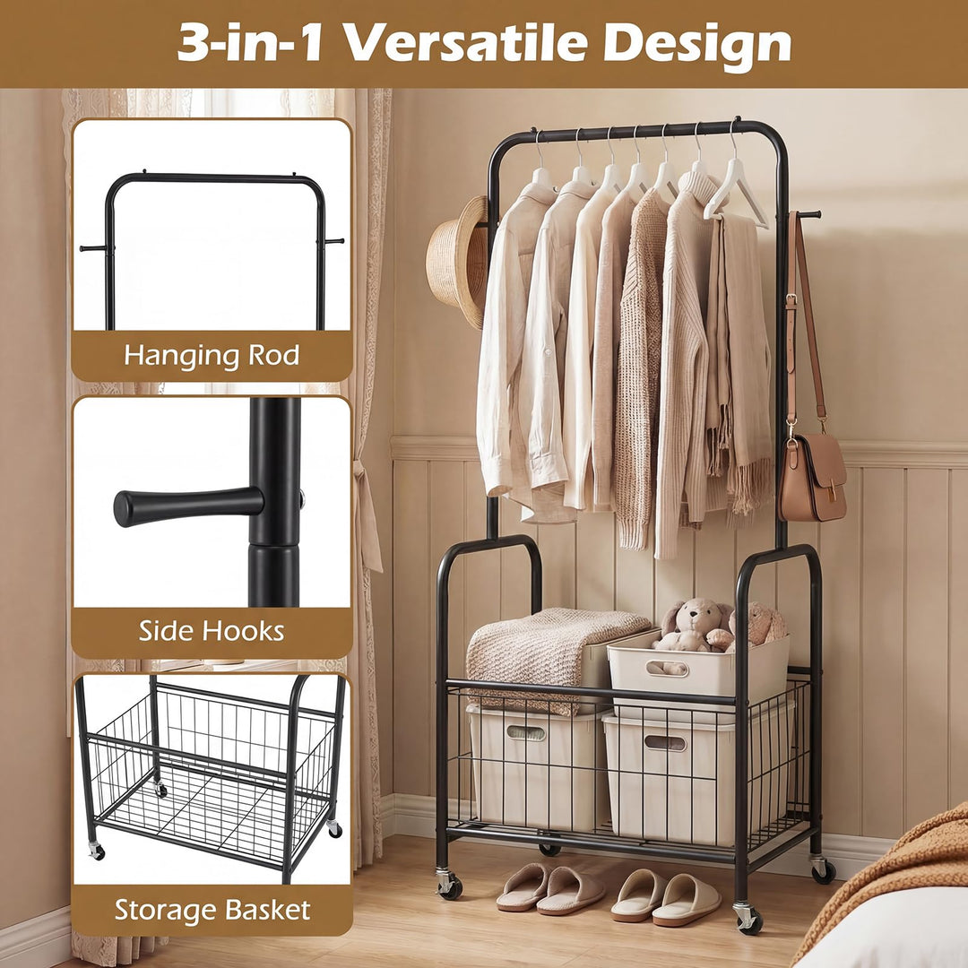 Giantex 35" Clothes Rack with Storage Basket &amp; Lockable Wheels