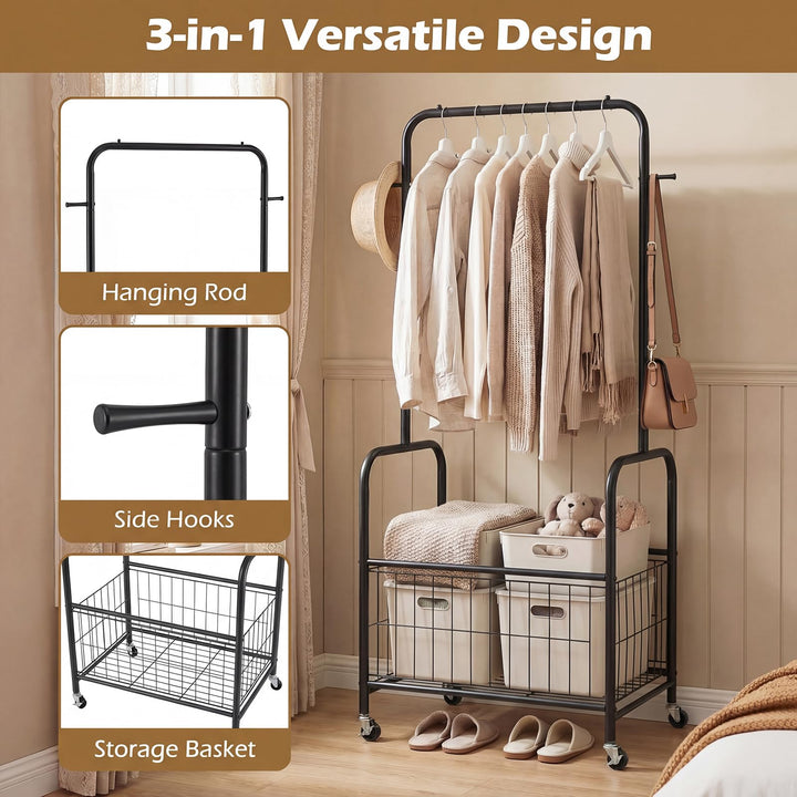 Giantex 35" Clothes Rack with Storage Basket &amp; Lockable Wheels