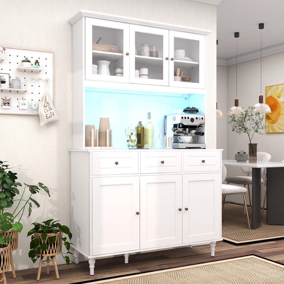 Giantex Pantry Cabinet, 77” Tall Buffet Cabinet with Hutch, LED Lights &amp; Charging Station