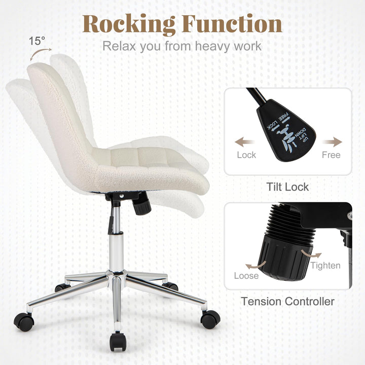 Giantex Armless Office Chair, Modern Faux Fur White Vanity Chair with Wheels &amp; Adjustable Height