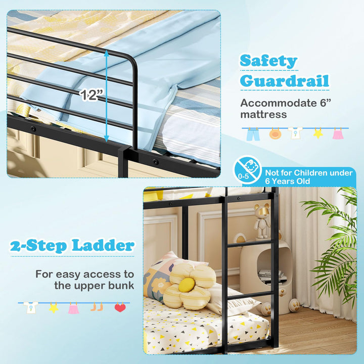 Giantex Twin Over Twin Bunk Bed with Slide &amp; Ladder House-Shaped Metal Bunk Bed Frame with Safety Guardrail &amp; Roof