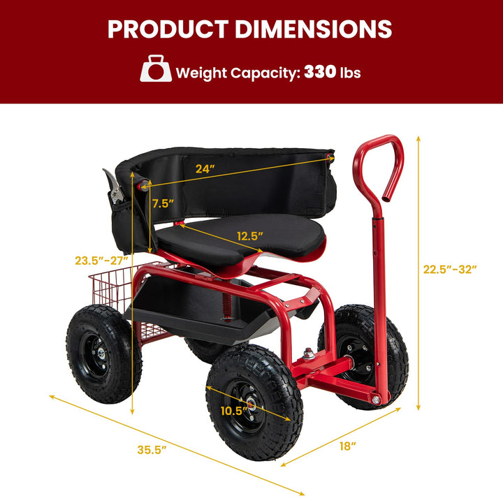 Giantex Cushioned Rolling Garden Cart Scooter with Storage Basket and Tool Pouch