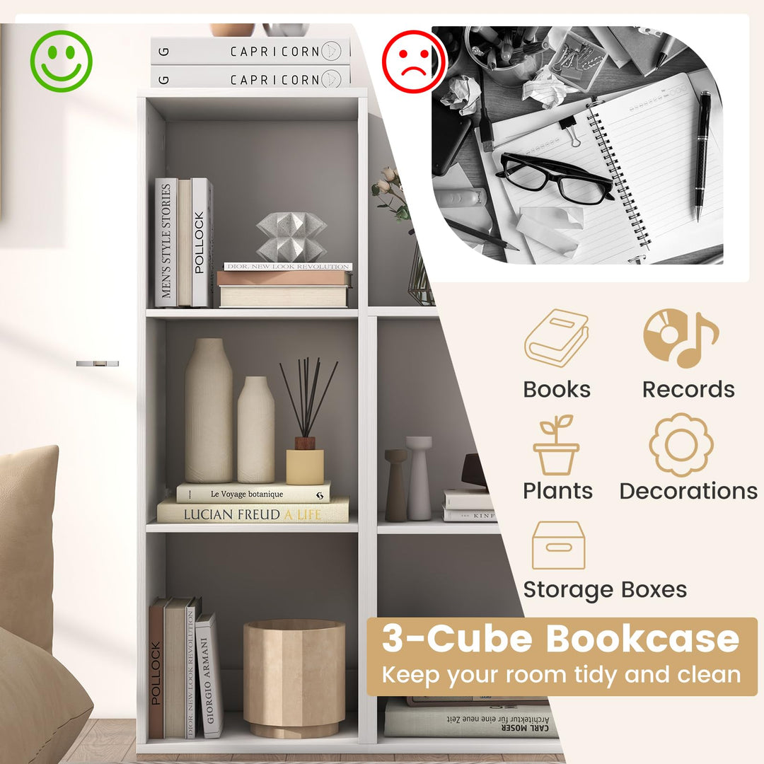Giantex 3-Cube Bookcase, White Cubby Bookshelf w/Back Guardrail &amp; Anti-Tipping Kits