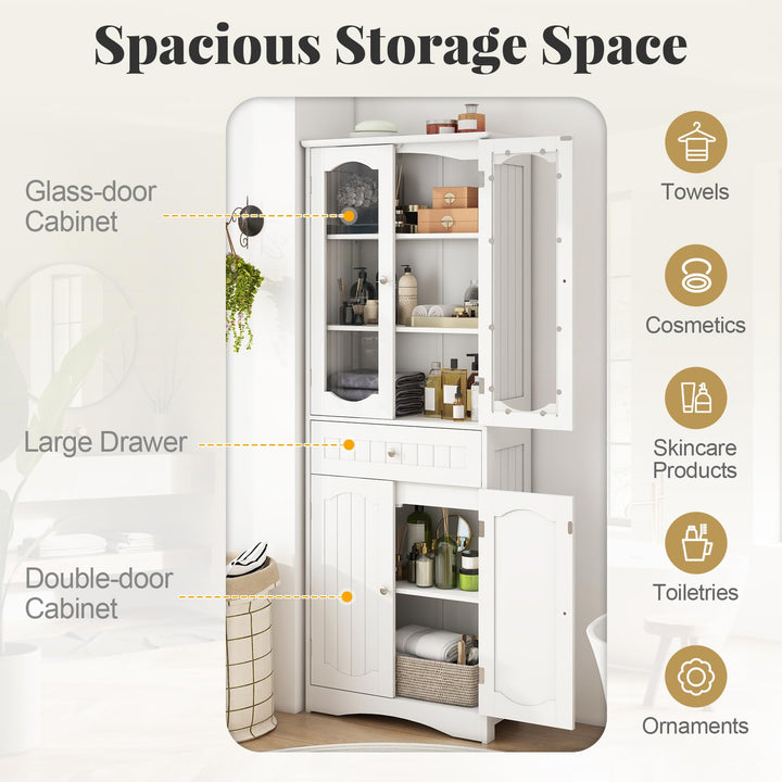 Giantex 63" Tall Bathroom Cabinet, Pantry Cabinet with Tempered Glass Doors, Adjustable Shelves &amp; Large Drawer