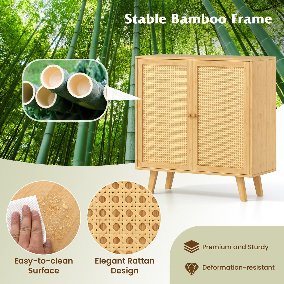 Giantex 2 Tier Bamboo Sideboard with PE Rattan Decorated Doors