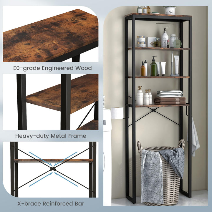 Giantex Over The Toilet Storage Rack, 4-Tier Wooden Bathroom Space Saver w/Metal Frame &amp; 2 Hooks