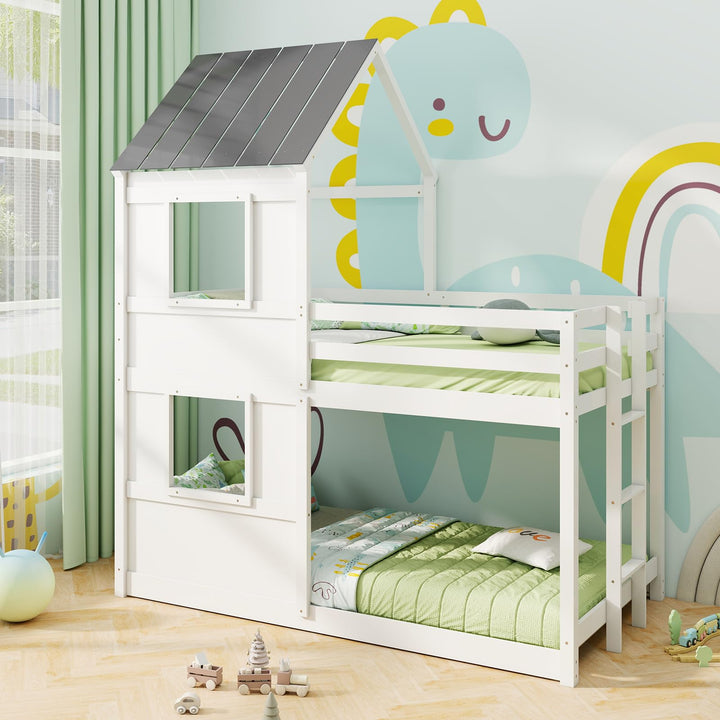 Giantex House Bunk Bed Twin Over Twin, Solid Wood Floor Bunk Bed with Built in Ladder, Window &amp; Safety Guardrail