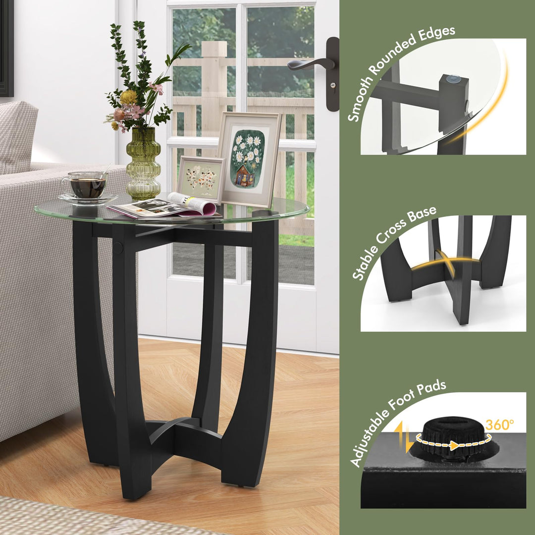 Giantex Glass End Table, Round Side Table with Rubber Wood Frame &amp; Tempered Glass Top, 23.5" Small Black Coffee Table