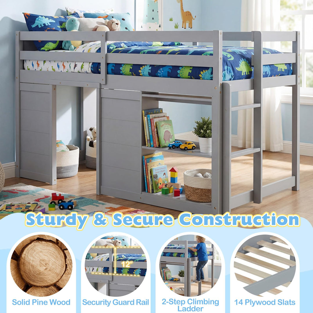 Giantex Wooden Low Kids Loft Bed with  LED Lights and 2 Doors