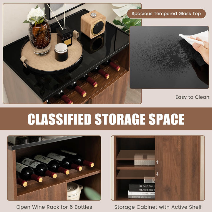 Giantex Wine Bar Cabinet, Small Sideboard Buffet Cabinet with Tempered Glass Top, Adjustable Feet &amp; Shelf, Sliding Door